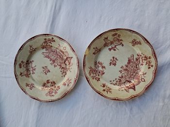 Lot de 2 assiettes anciennes Gien fleurs et papillon rose diamètre 20,5 cm