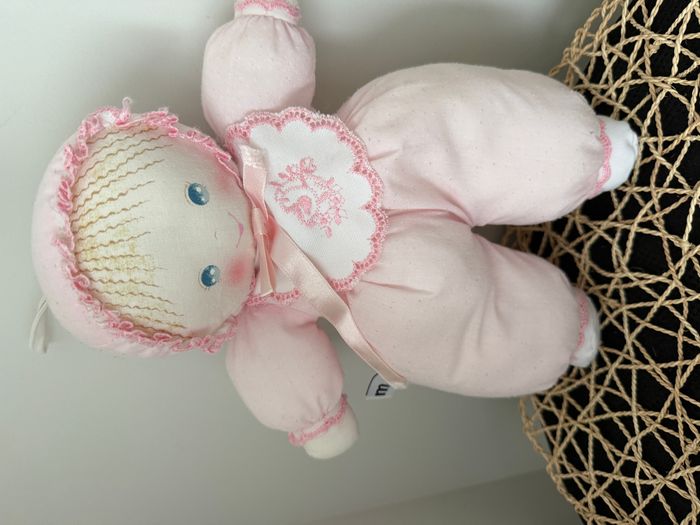 Ancien doudou poupée chiffon rose blanc pois MUNDIA - photo numéro 5