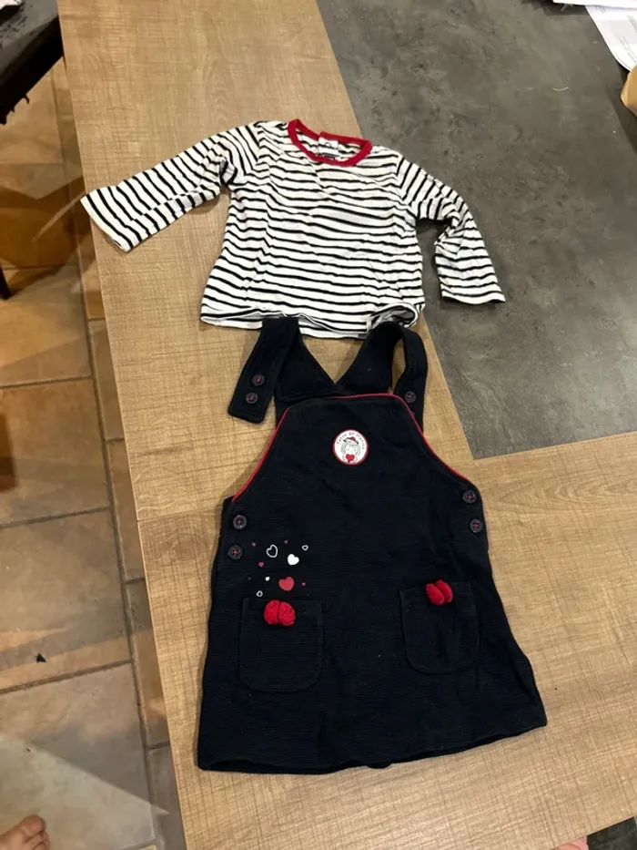 Ensemble robe salopette et t-shirt marinière manches longues bébé fille, terre de marin, 9 mois - photo numéro 3