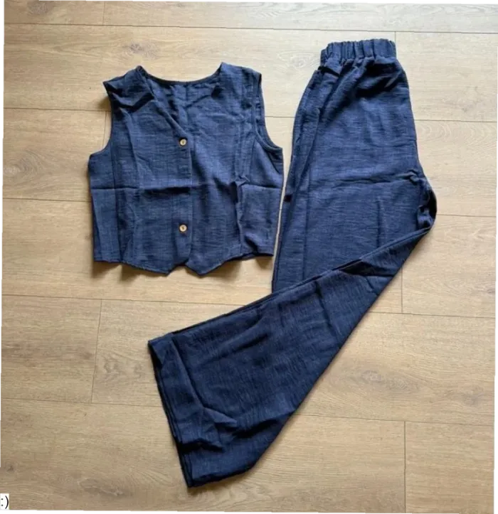 Ensemble bleu 2 pièces pantalon & gilet sans manches - taille M - photo numéro 3