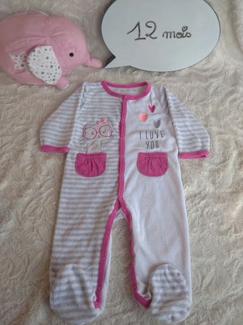 Pyjama grenouillère velours Fille 12 mois Chat I love you Cœur Gémo