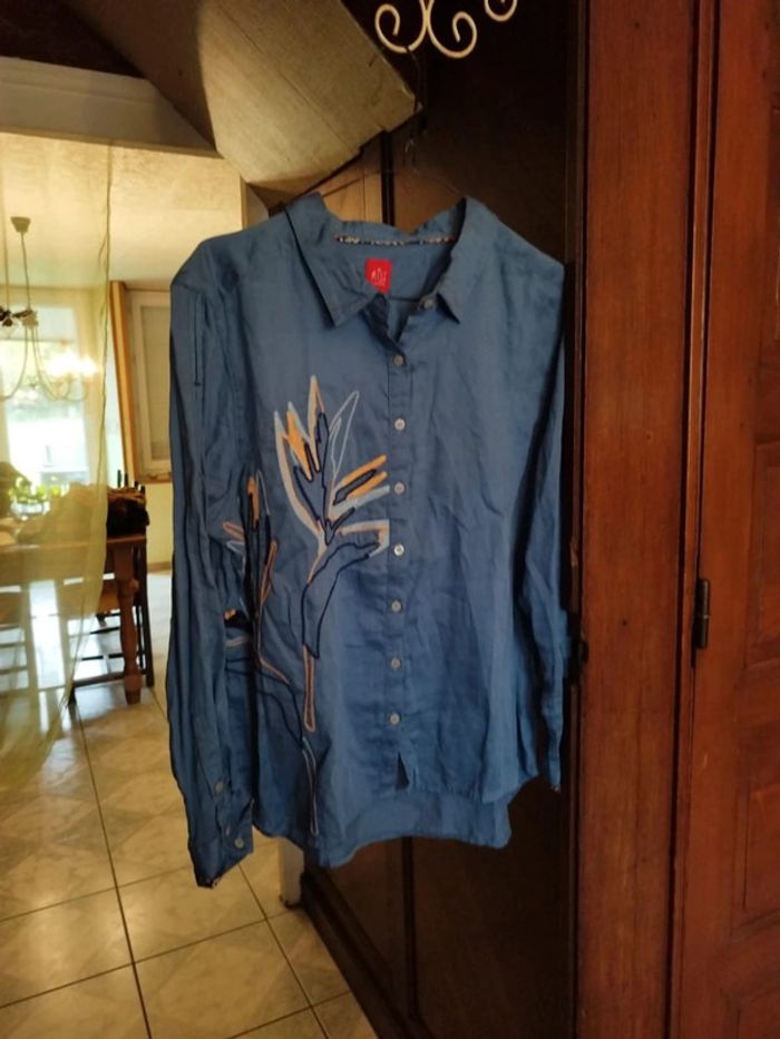 Chemise bleue fleurie 100% coton vintage L/40