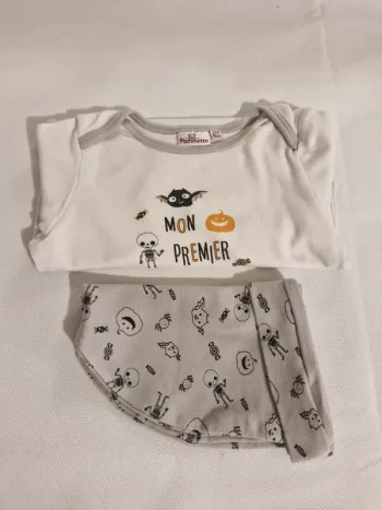 Pommette - 24 mois - Body manches longues + bonnet assorti "Mon premier Halloween"