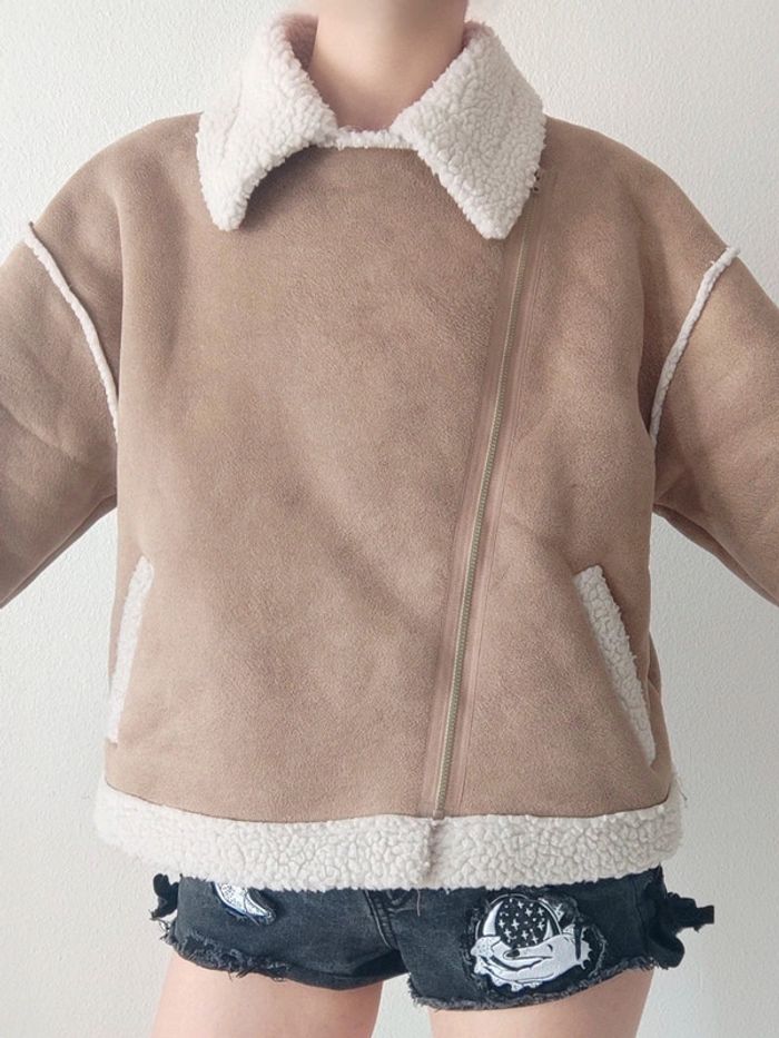Veste perfecto daim fourrure beige faux-sherpa / Cider - 42/XL - photo numéro 7