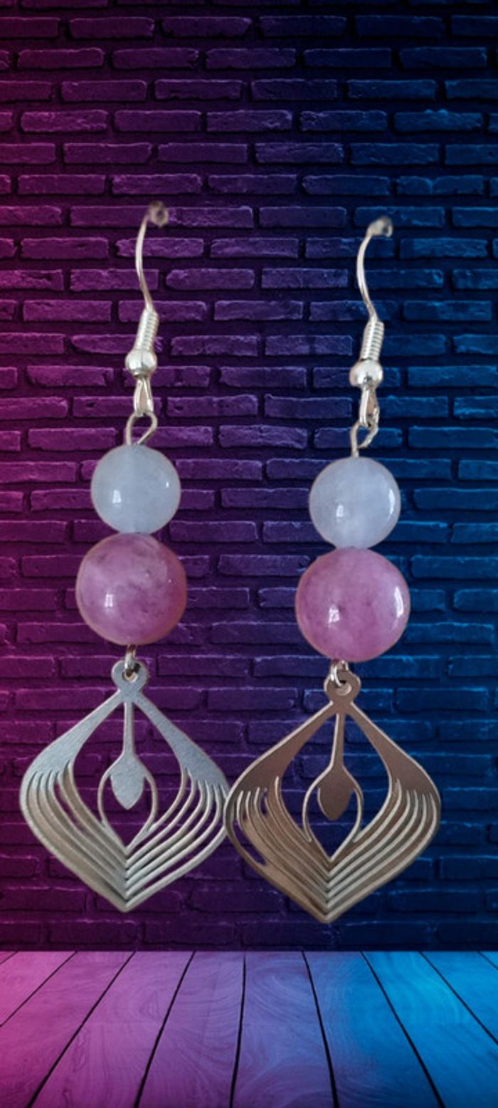 Boucles d'oreilles ''flame of life''Lepidolite et Aigue-marine