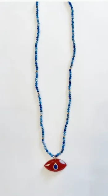 Collier chaîne réglable œil inerte véritables cornaline perles lapis-lazuli habaha Paris