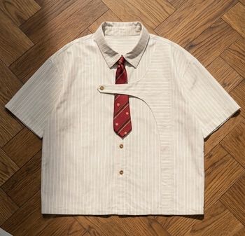 Chemise Oversize Déstructurée Beige & Cravate Intégrée - Style Japonais - Streetwear - Taille M