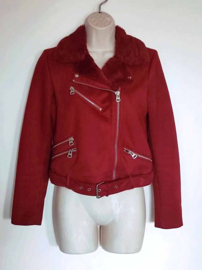 Perfecto blouson veste daim col fourrure rouge foncé / Pimkie - 36/S à 38/M - photo numéro 7