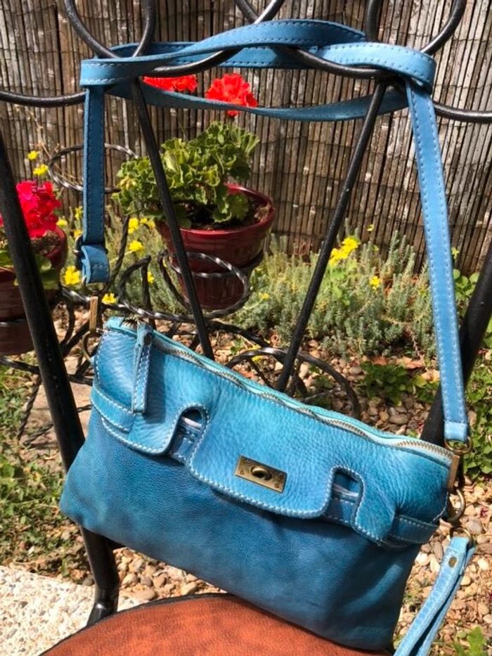 👜 Sac à main pochette bleu turquoise à bandoulière - 100% Cuir - photo numéro 7