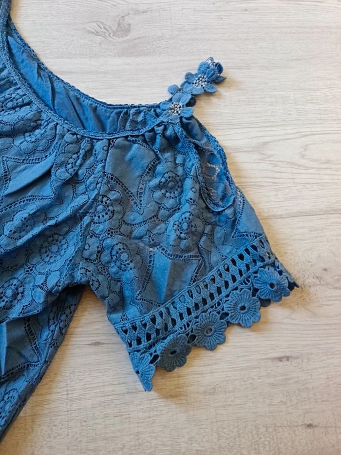 Haut épaule dénudé blouse fleur bleu 42 XL femme - photo numéro 6