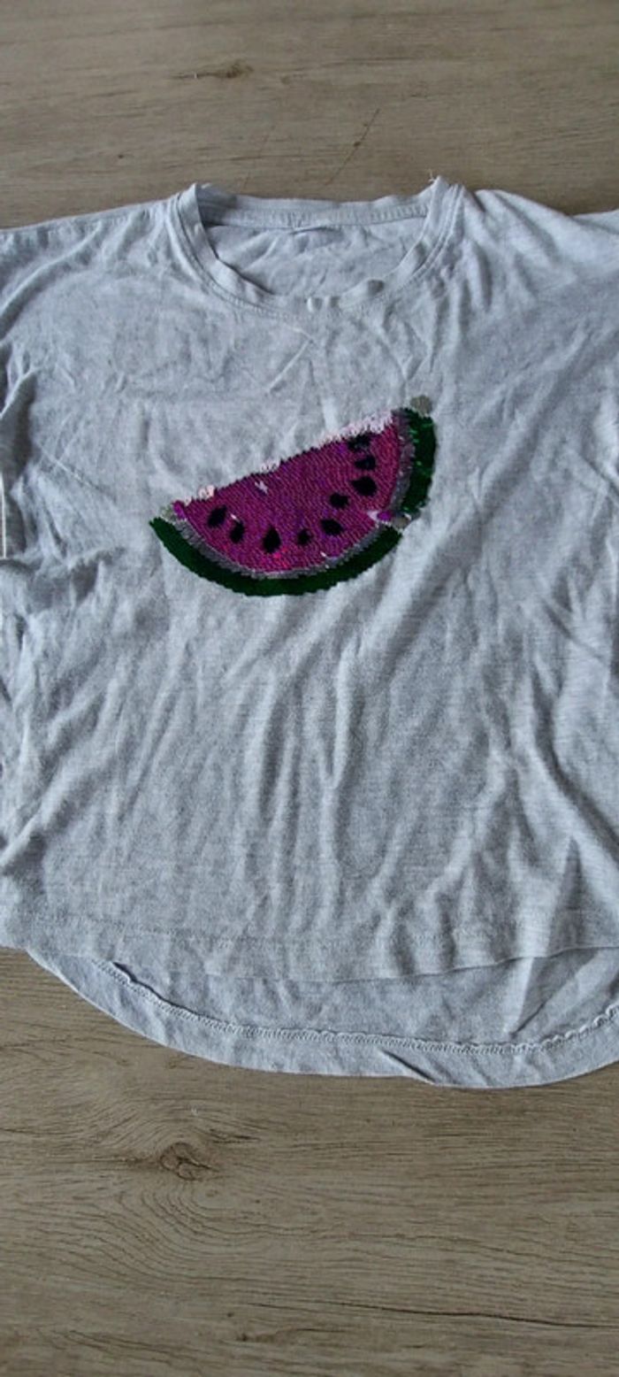 T shirt gris, manches courtes, avec dessin en sequin, 146/153 - photo numéro 6