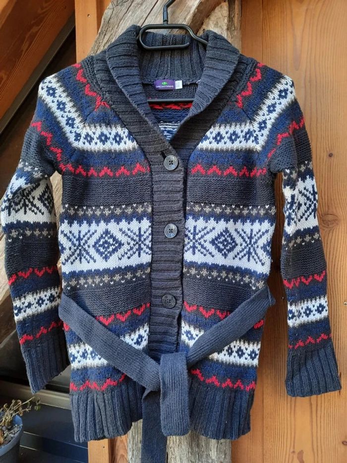 Superbe gilet long col châle, grosse maille, Sergent Major, 10 ans