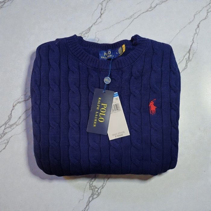 Pull torsadé col rond Polo Ralph Lauren bleu logo brodé rouge taille XL - photo numéro 1