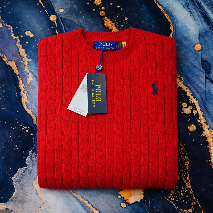 Pull Ralph Lauren rouge col rond torsadé logo brodé noir taille M - photo numéro 8