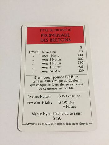 Carte Promenade des bretons pièce jeu de société Monopoly le tour de Gaule d'Astérix Hasbro #A53