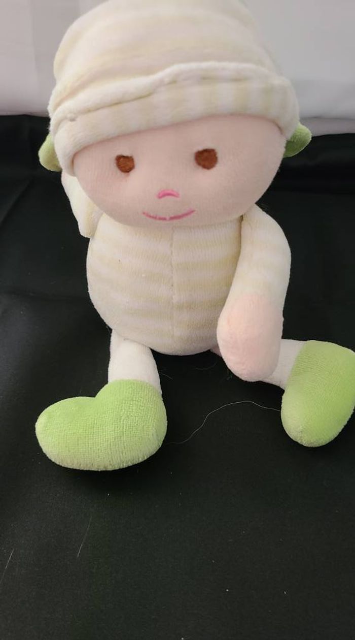 Doudou Maxita Peluche Lutin Garcon Ange Rayé Jaune Blanc Aile Dans le Dos