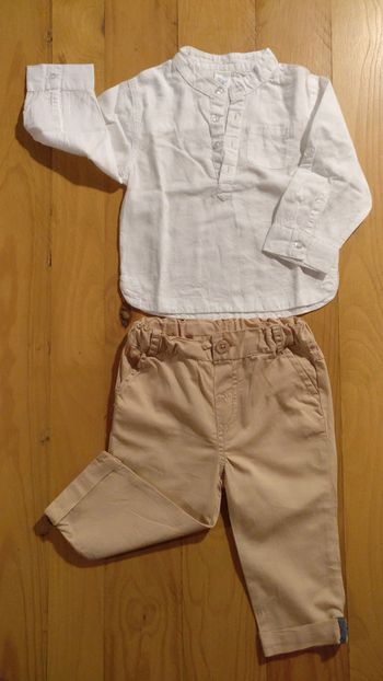 Ensemble chemise/pantalon blanc/beige taille 9 mois U