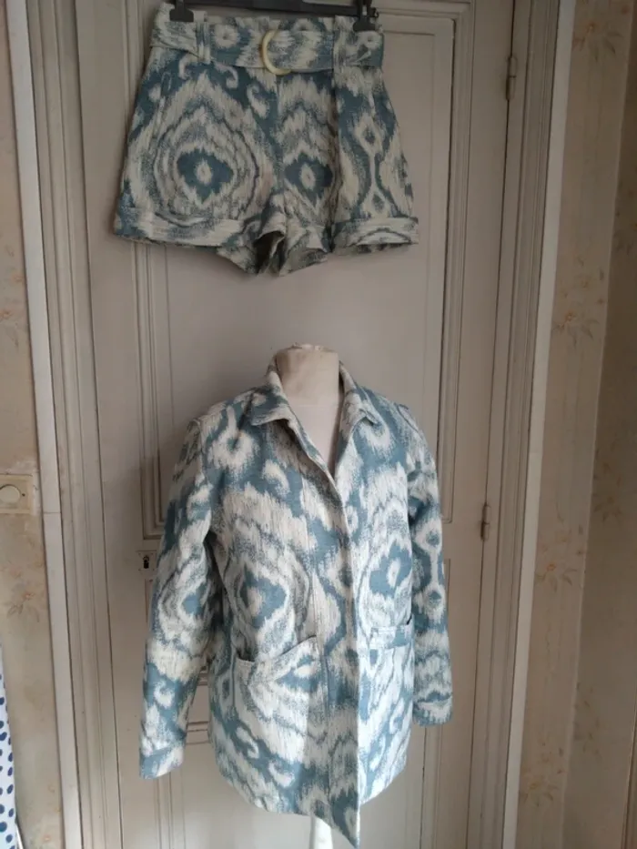 Ensemble Sézane "Will" T40 – Blazer oversize & short jacquard bleu/blanc en coton - photo numéro 3