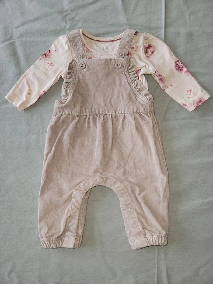 Ensemble salopette velour fleurs 3 mois fille