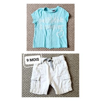Ensemble Tshirt  manches courtes turquoise + short blanc - 9 mois