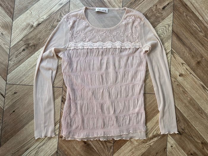 Top / Sous-Pull Transparent Celaia - Dentelle et Tulle Froncé - Rose Poudré - photo numéro 4