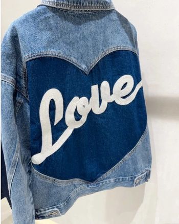 Veste en jean coton broderie Love coeur bleu marine