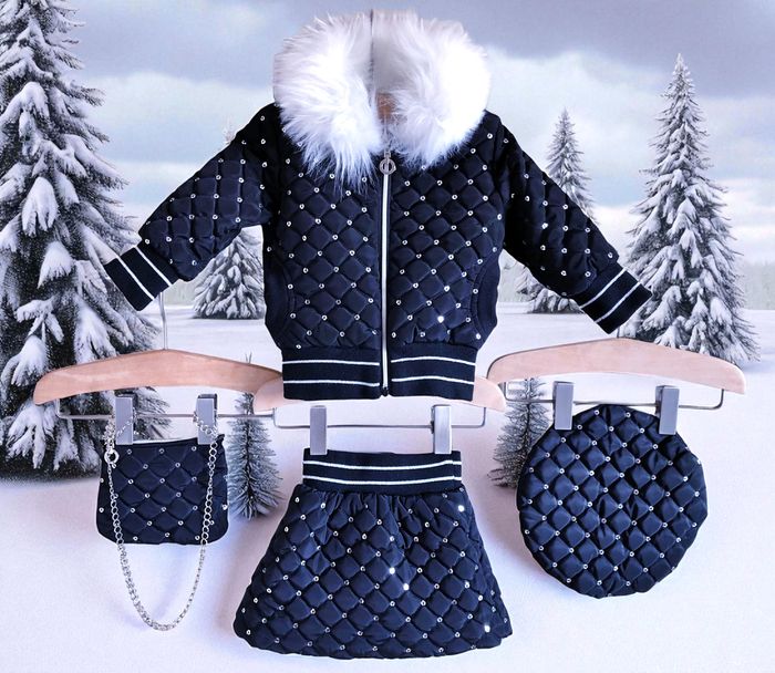 CHICAPRIE - ENSEMBLE 4P BÉBÉ FILLE NOIR ORNEMENTS FANTAISIES MÉTAL & FOURRURE SYNTHETIQUE 3M