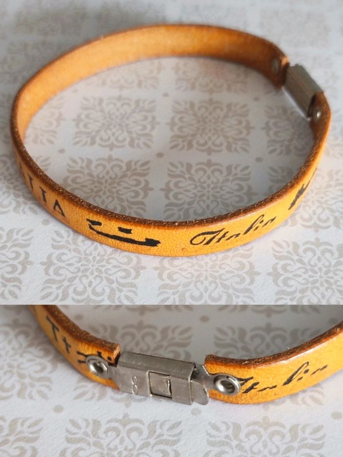 Bracelet en cuir jaune moutarde noir Italie 🇮🇹 Fabrication Artisanale - 19cm - photo numéro 2