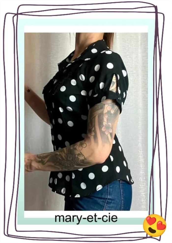 SOLDÉ - Blouse manches courtes à pois noir et blanc taille S - Morgan - photo numéro 4