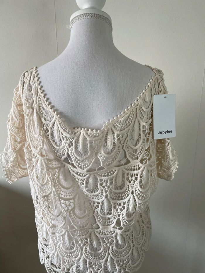 Top t-shirt maille beige crochet haut Ricamo topje Tanktop Camiseta Canotta Camisola dentelle crème - photo numéro 3