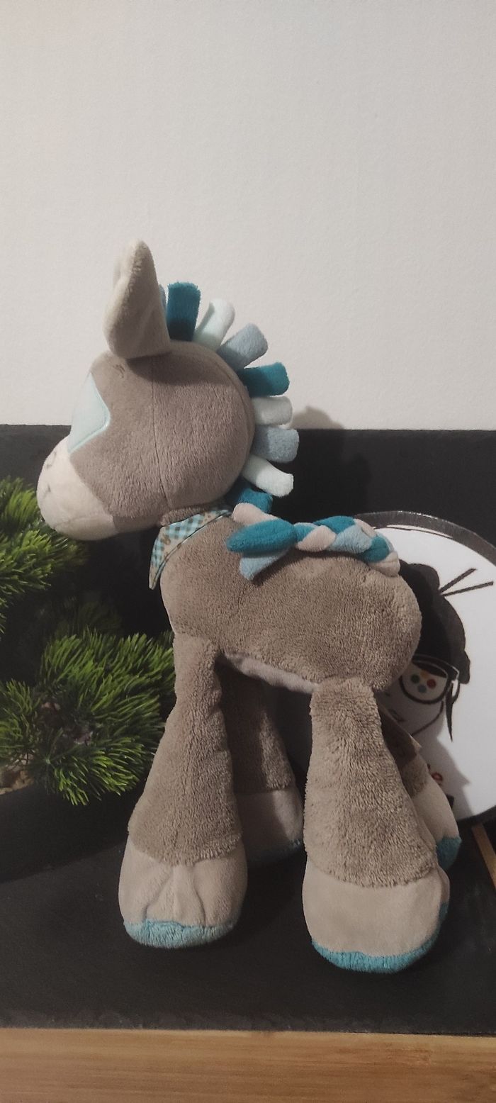 Nattou Gaston & Cyril peluche doudou cheval bleu gris cocard bandana Carreaux - photo numéro 2