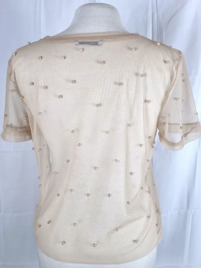 Haut Zara à courtes manches beige transparent avec perles XS/34 - photo numéro 5