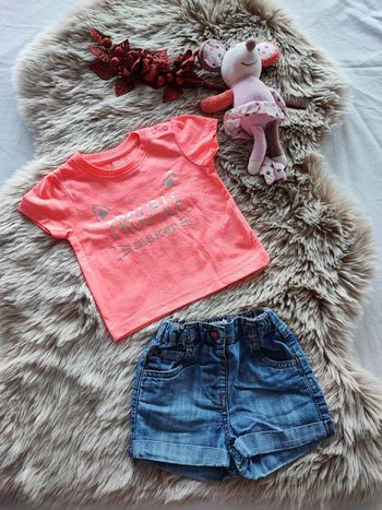 Ensemble t-shirt rose fluo et short jeans 12 mois