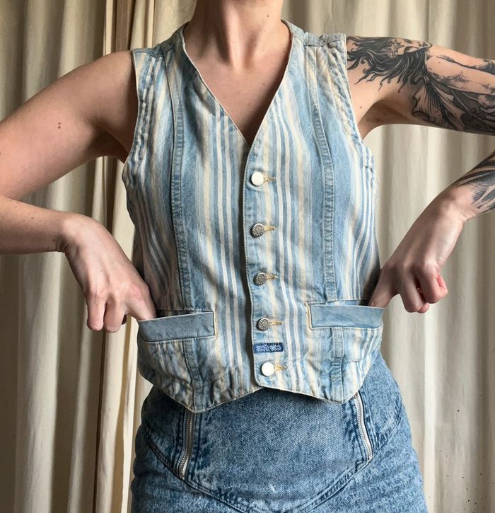 Gilet jeans denim rayures y2k vintage annees 2000 - Taille M/L - photo numéro 4