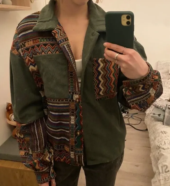 Veste Femme Vert Kaki Velours Côtelé Motifs Ethniques - Taille S Neuve Mi-Saison Bohème