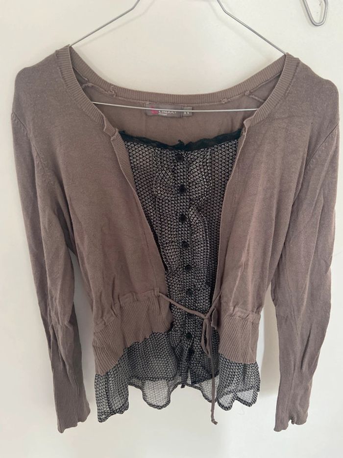 Pull et chemise 2 en 1 taupe et bleu et blanc