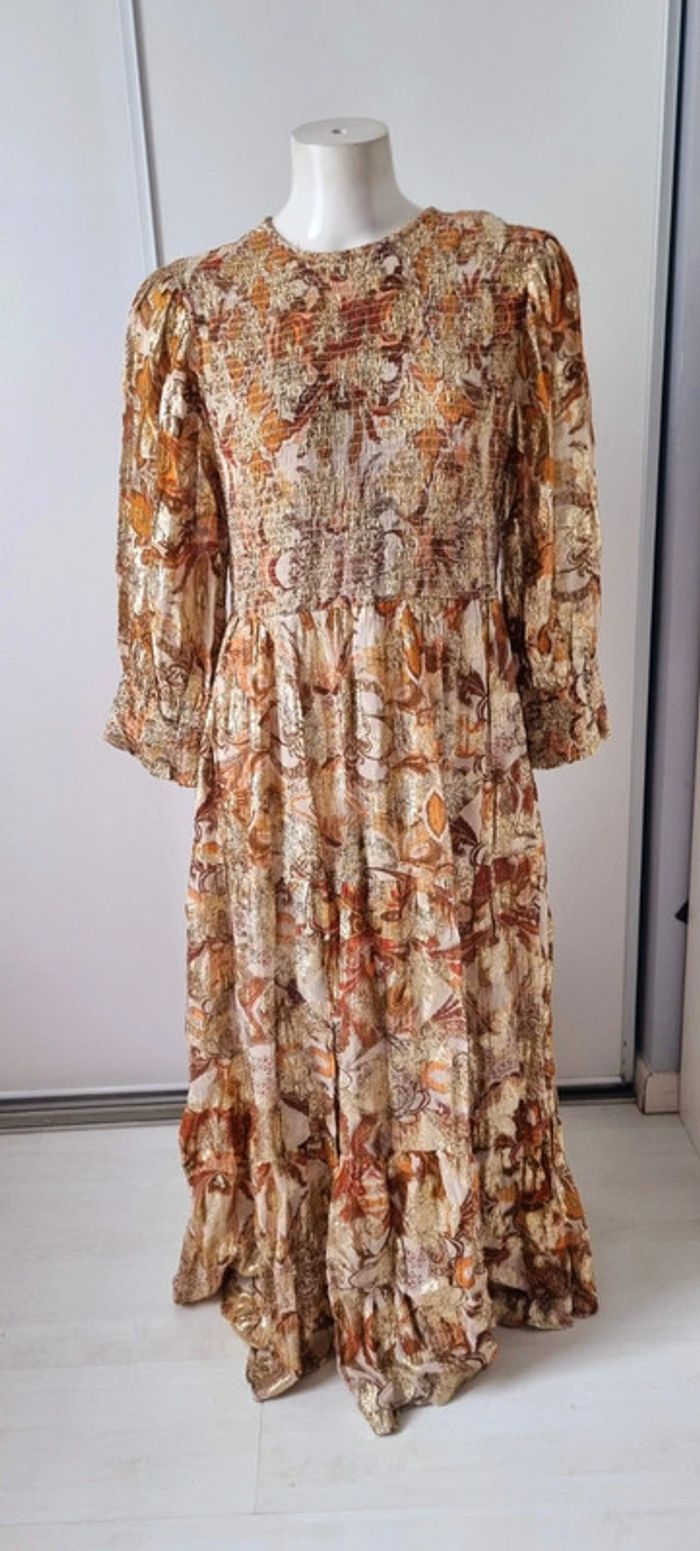 Robe imprimée longue marron orange beige lurex doré 38