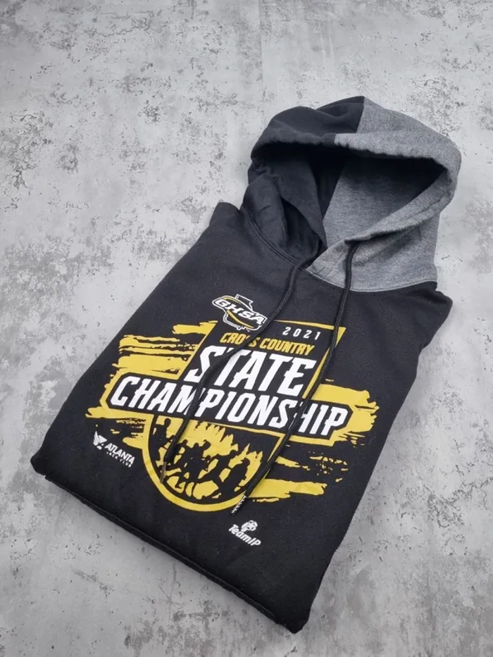 Pull à capuche universitaire noir & gris – Taille L Homme (mesures en photos)