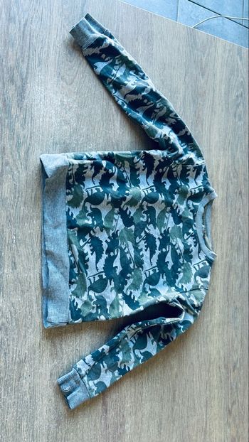 Pull léger gris et vert motif dinosaures 6 ans 
