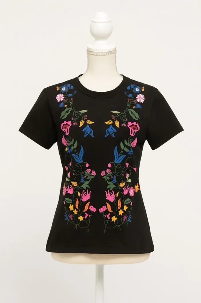 T-shirt noir à motif floral Zara - Taille L
