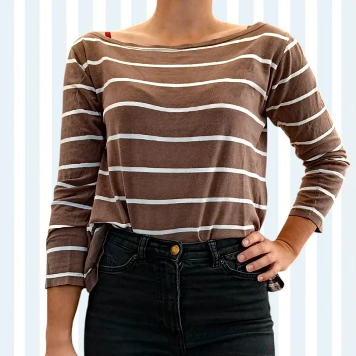 T-shirt manches 3/4 Rayé marron et blanc col bateau taille 38