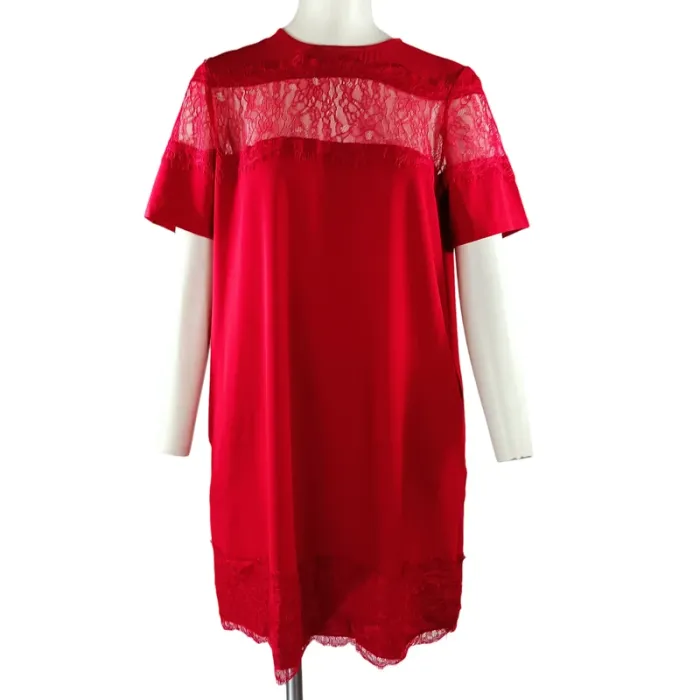 Robe droite rouge Daphnea en dentelle transparente manches courtes taille L A1125
