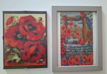 Lot de deux cadres de broderies diamant au décor de coquelicots