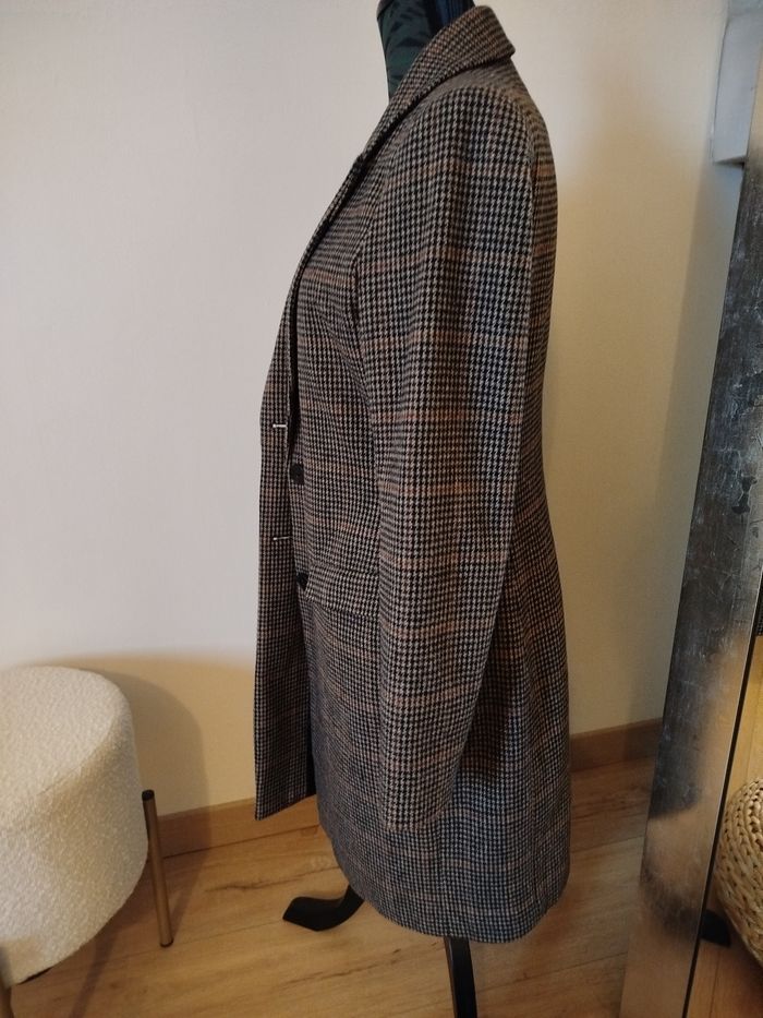 Manteau long carreaux beige noir S - photo numéro 2
