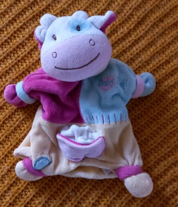 Doudou marionnette vache fushia  jaune et bleu vert avec mouchoir- Baby Nat