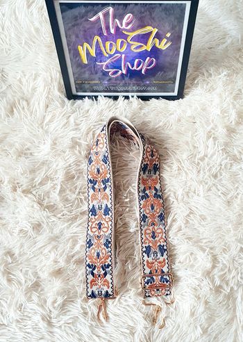 Sangle de sac à main sac banane écru arabesques bleu gris orange rouille neuve neuf