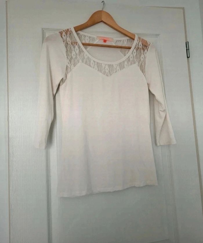 T-shirt femme manches 3/ 4 blanc avec dentelle aux épaules taille S