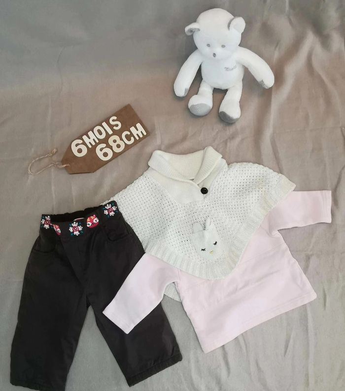 Ensemble 👣 pantalon dpam, tee-shirt obaïbi, poncho Kitchoun, 6mois/67cm - photo numéro 2