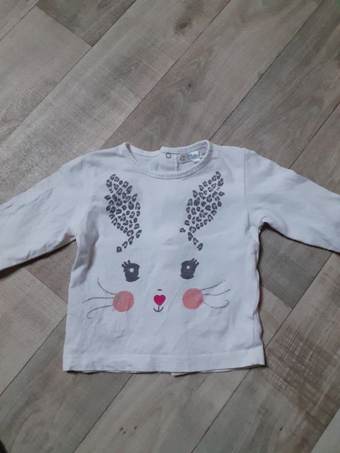T-shirt fille manches longues blanc motif lapin 3 mois