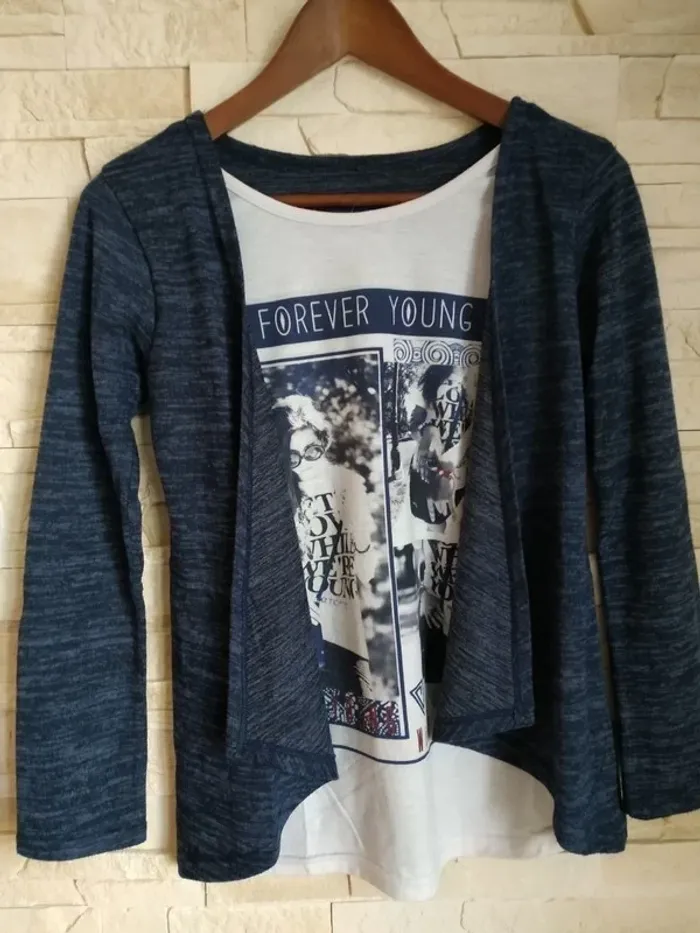 Tunique gilet 2 en 1 fille 14 ans bleu moucheté blanc tbe